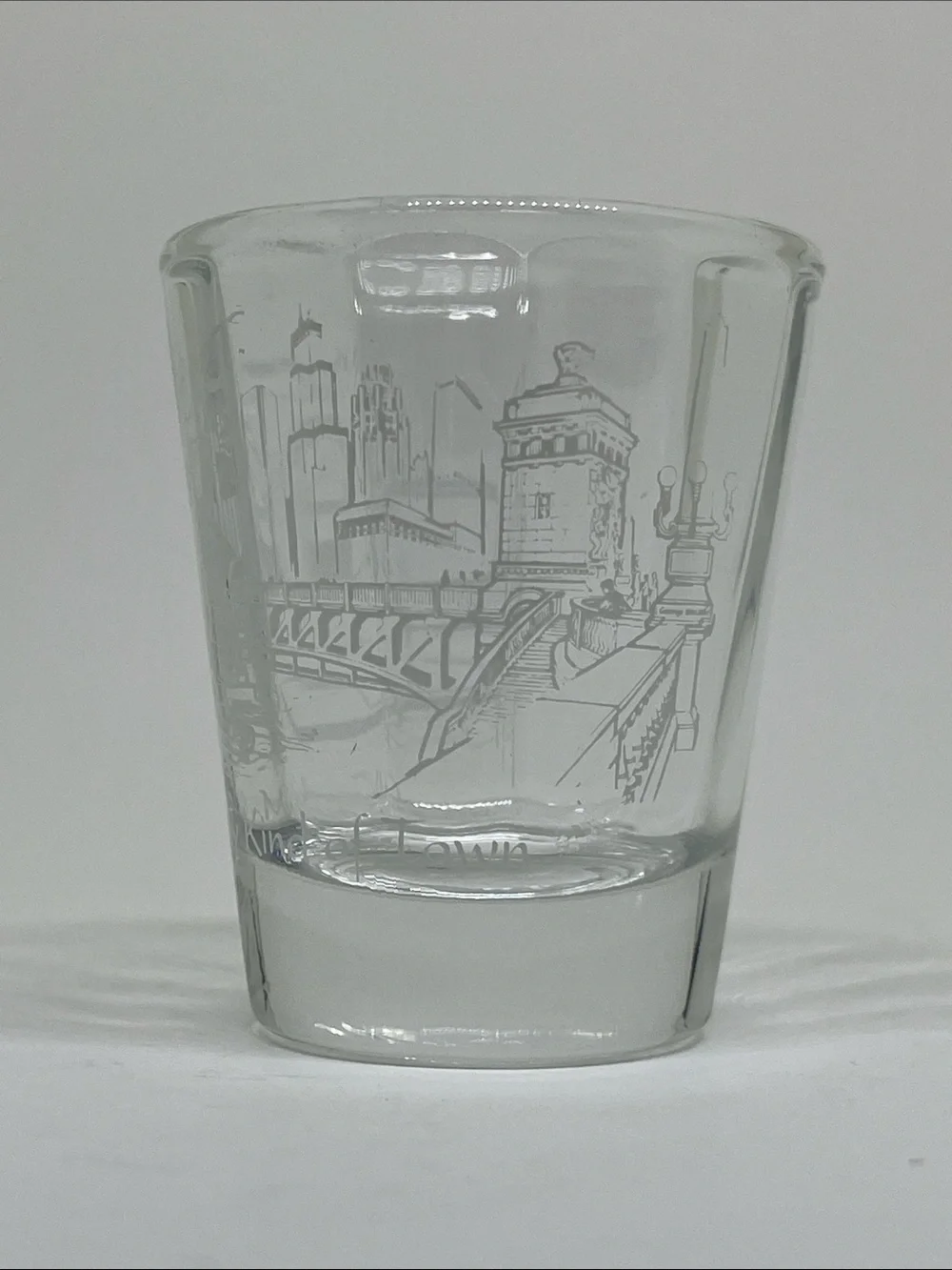 Clear “Chicago - My Kind of Town” Shot Glass with White Etched Cityscape